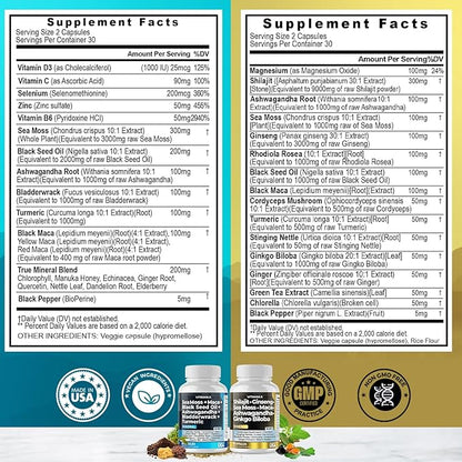 Pure Himalayan Shilajit Supplement 10,000mg Sea Moss 2,000mg Ashwagandha 6,000mg Bladderwrack 1000mg Gingko Biloba 500mg Organic Capsules & Trace Mineral for Men and Women – Made in USA
