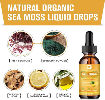 Sea Moss Liquid Drops - Organic Irish Sea Moss Gel with Spirulina, Bladderwrack, Burdock Root, Seamoss Gel Supplement for Immune, Joint, Detox Cleanse & Digestion Support - 2 Fl Oz, Vegan