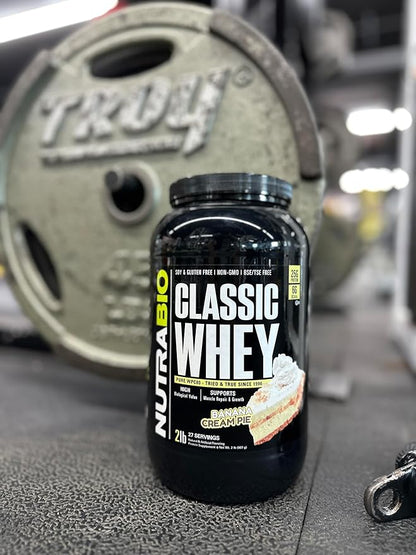 NutraBio Classic Whey Protein Powder- 25G Protein Per Scoop - Full-Spectrum Amino Acid Profile - No Fillers, Artificial Colors, Preservatives - (Banana Cream Pie, 2 Pounds)