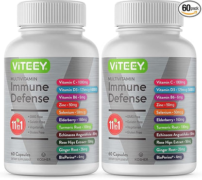 11 in 1 Multivitamin Immune Defense Supplement - Immune Booster Capsules with Vitamin D3, Vitamin B6, Echinacea, Turmeric, Rose-HIPS, Selenium, BioPerine, Ginger, Elderberry Vitamin C and Zinc