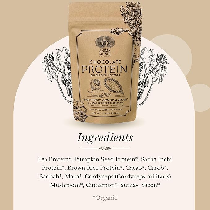 Anima Mundi Qi Energy + Protein Superfood Powder - Adaptogenic Adrenal Support Supplement Powder with Ashwagandha and Slippery Elm - Mood and Energy Support Supplement and Protein Powder (8oz / 227g)
