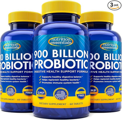 Probiotics for Women and Men - with Natural Lactase Enzyme & Prebiotic Fiber for Digestive Health - 80%+ Stronger Supplement for Gut Health Support - Vegan Raw Probiotic Formula, 3 Count of 60 Tablets