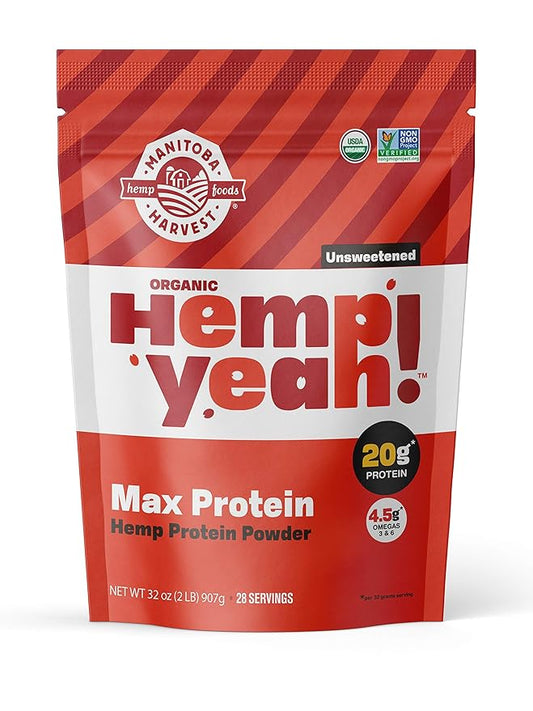 Manitoba Harvest Hemp Yeah! Organic Max Protein Powder, Unsweetened, 32oz; with 20g Protein and 4.5g Omegas 3&6 per Serving, Keto-Friendly, Preservative Free, Non-GMO, Packaging May Vary