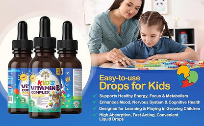 Autistic UpBeat: Kid's Vitamin B Complex | Kid-Friendly Drops | Unlfavored | B1, B2, B3, B6, B7, B9 & Methyl B12 | Brain Function, Focus, Metabolism | Kids B Complex Liquid Drops Supplement