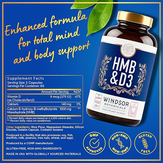 HMB and Vitamin D3 Supplement - Muscle Growth, Strength, Performance and Recovery Support - B-Hydroxy B-Methylbutyrate, D3 Plus Calcium, 1,000 MG HMB Supplements - 180 Days, 360 HMB Capsules