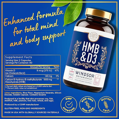 HMB and Vitamin D3 Supplement - Muscle Growth, Strength, Performance and Recovery Support - B-Hydroxy B-Methylbutyrate, D3 Plus Calcium, 1,000 MG HMB Supplements - 180 Days, 360 HMB Capsules