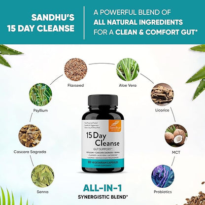 Sandhu's 15 Day Gut Cleanse Colon Detox for Women & Men| Supports Colon Cleansing & Digestive Health| Senna, Cascara Sagrada, Psyllium Husk & Probiotics| 30 Capsules Dietary Supplement,15 Days Supply