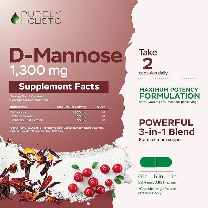 D Mannose 1300mg, 3-in-1 Formula D-Mannose Capsules with Cranberry & Hibiscus, 240 Fast Acting Vegan Capsules, Natural Urinary Tract & Bladder Health Support, High Strength, for Men & Women