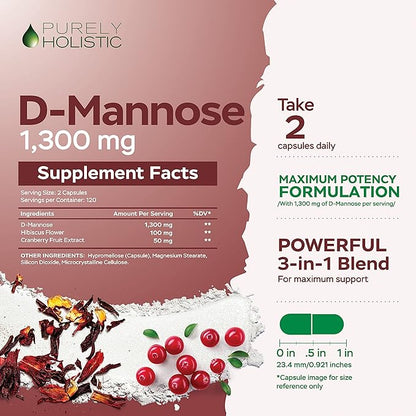 D Mannose 1300mg, 3-in-1 Formula D-Mannose Capsules with Cranberry & Hibiscus, 240 Fast Acting Vegan Capsules, Natural Urinary Tract & Bladder Health Support, High Strength, for Men & Women