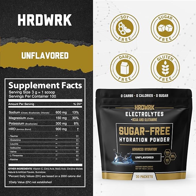 HRDWRK Electrolytes Powder Packets with Magnesium, Potassium Sodium, Keto Hydration Packets - BCAA Electrolyte Powder Packets with Glutamine, 30 Electrolytes Powder Packets Sugar Free (Unflavored)