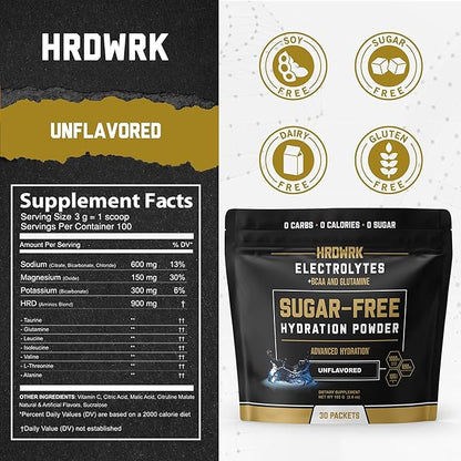 HRDWRK Electrolytes Powder Packets with Magnesium, Potassium Sodium, Keto Hydration Packets - BCAA Electrolyte Powder Packets with Glutamine, 30 Electrolytes Powder Packets Sugar Free (Unflavored)