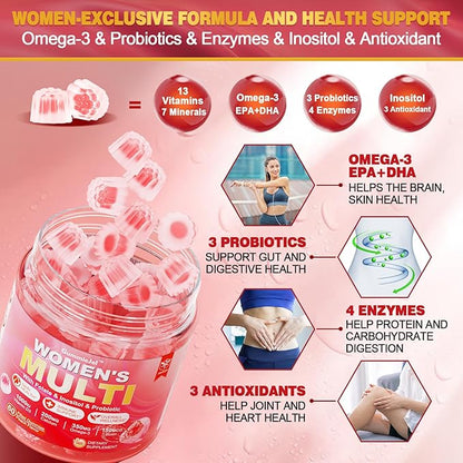 Sugar-Free Womens Multivitamin Gummies, Methylated Multivitamin for Women/w Omega-3, Calcium, Enzymes & Probiotic, Vitamin A, C, D3, Folate, Biotin, Inositol - Skin, Hair Growth, Immune, Bone - Vegan