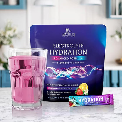 Electrolytes Powder Hydration Packets | Sugar Free Recovery Electrolyte Drink Mix Powder Replenisher in Convenient On the Go Hydration Packets | Non-GMO, Vegan, Keto, Strawberry Lemonade - 16 Servings