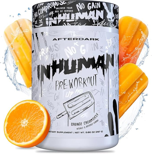 AFTERDARK INHUMAN Pre-Workout Powder, Enhanced Mind-Muscle Connection, Sustained Energy, Potent Nootropic Blend, Vegan, Gluten-Free, Soy-Free, 400mg Caffeine, No Crash, Orange Creamsicle