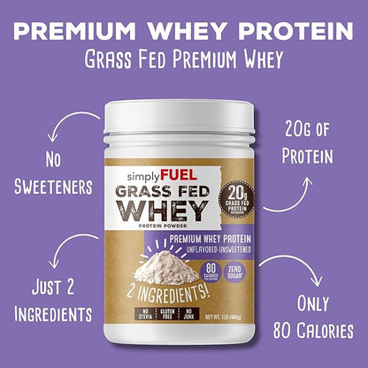 100% Grass Fed Whey Protein Powder - Only 2 Ingredients, Unflavored, Unsweetened, Gluten Free, No Soy, 20g Protein - Zero Sugar, No Carb Clean Protein - Muscle Growth and Recovery 1LBS