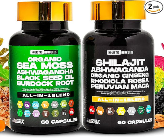 Premium Combo Bundle - Sea Moss 9000mg, Black Seed Oil 6000mg, Ashwagandha 3000mg, Shilajit 12000mg, Black Maca 4000mg, Beetroot 1000mg, All in 1 Supplements Pack