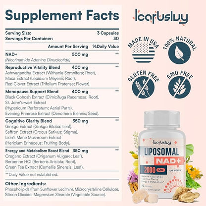 2000MG Liposomal NAD+ for Women, NAD+ Supplement, with Ashwagandha, Maca, Black Cohosh & Ginkgo Biloba, Max Absorption, NAD Plus - Menopause, Cognitive Clarity, Energy, Aging Defense, 270 Capsules