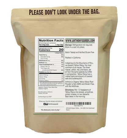 Anthony’s Organic Yellow Maca Root Powder, 1 lb, Raw, Gluten Free, Non GMO, Non Gelatinized