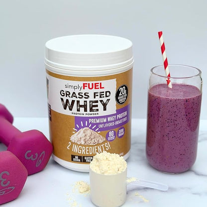 100% Grass Fed Whey Protein Powder - Only 2 Ingredients, Unflavored, Unsweetened, Gluten Free, No Soy, 20g Protein - Zero Sugar, No Carb Clean Protein - Muscle Growth and Recovery 1LBS