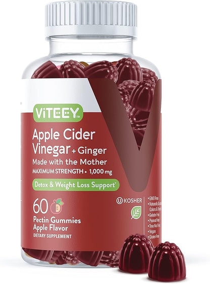 Apple Cider Vinegar Gummies 1,000mg Plus Ginger, ACV with The Mother, Detox Cleanse for Weight Loss and Immune Support, Vegan, Gluten Free, Gelatin Free, GMO Free - Chewable Apple Flavored Gummy