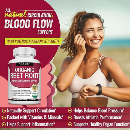 Organic Beet Root Powder Tablets - 2040mg Natural Nitric Oxide Beets to Support, Energy, Black Pepper Better Absorption, Non-GMO, for Men Women, 90 Tablets