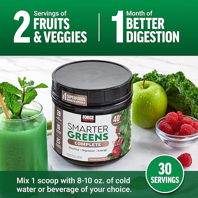 FORCE FACTOR Smarter Greens Superfoods Powder to Support Digestion, Gut Health, Bloating, Greens Powder with Probiotics, Prebiotics, Digestive Enzymes, & Adaptogens, Pomegranate Berry, 30 Servings