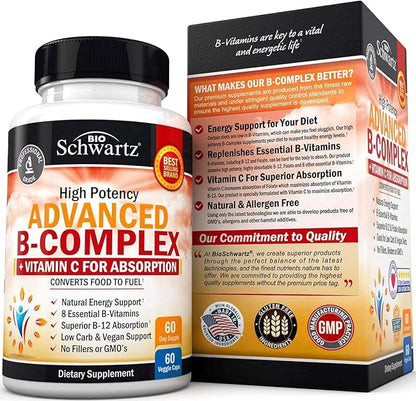 Vitamin B Complex with Vitamin C for Maximum Absorption - Methylcobalamin b12 & Folate Folic Acid Supplement - Vitamins B1 B2 B3 B5 B6 B7 B9 for Immune Energy & Nervous System Support - Non-GMO -60ct