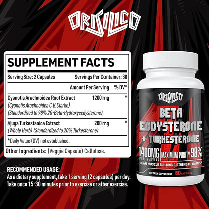 1400mg Beta Ecdysterone and Turkesterone Supplements, Maximized 98% Beta Ecdysterone & 20% Turkesterone Extract for Muscle Mass,Strength, Protein Synthesis, 60 Capsules