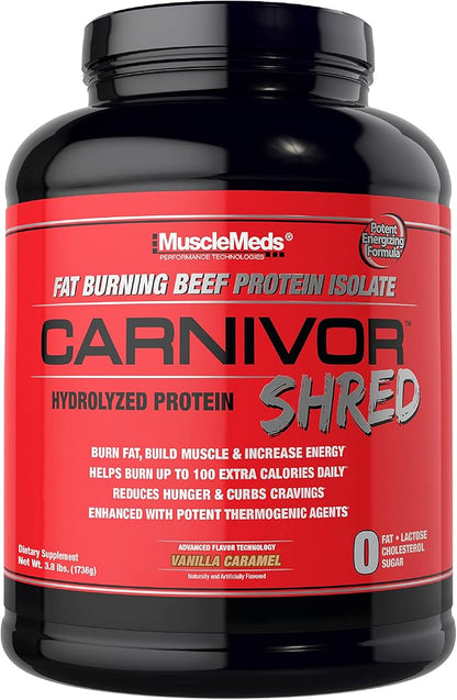 MuscleMeds Carnivor Shred Fat Burning Hydrolized Beef Protein Isolate, 0 Lactose, 0 Sugar, 0 Fat, Halal Certified, Vanilla Caramel, 4 Pound, 56 Servings