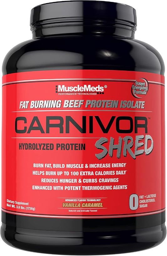 MuscleMeds Carnivor Shred Fat Burning Hydrolized Beef Protein Isolate, 0 Lactose, 0 Sugar, 0 Fat, Halal Certified, Vanilla Caramel, 4 Pound, 56 Servings