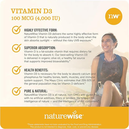 NatureWise Vitamin D3 4000iu (100 mcg) Healthy Muscle Function, and Immune Support, Non-GMO, Gluten Free in Cold-Pressed Olive Oil, Packaging Vary (Mini Softgel), 360 Count