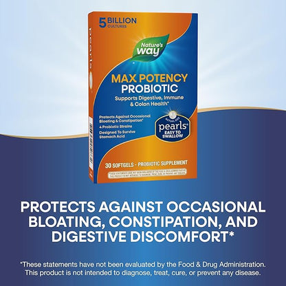 Nature's Way Max Potency Probiotic Pearls for Men and Women, Supports Digestive, Immune, Colon Health*, 5 Billion Live Cultures, No Refrigeration Required, 30 Softgels (Packaging May Vary)