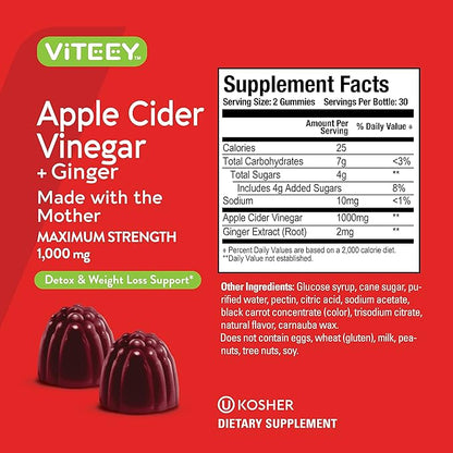 Apple Cider Vinegar Gummies 1,000mg Plus Ginger, ACV with The Mother, Detox Cleanse for Weight Loss and Immune Support, Vegan, Gluten Free, Gelatin Free, GMO Free - Chewable Apple Flavored Gummy