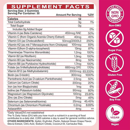 Sugar-Free Womens Multivitamin Gummies - High Absorption Multivitamin for Women Gummy with Omega-3, Astaxanthin, Calcium, Iron, Vitamin A, C, D3, K2, E, B6, B12 - Supports Skin, Hair, Energy, Immune