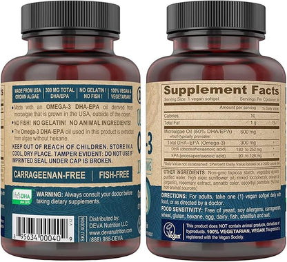 DEVA Vegan Omega-3 DHA EPA Supplement Once-Per-Day Softgel 300 MG - Carrageenan Gelatin & Gluten Free - Non-Fish Algae Oil Fatty Acids - 90 Softgels