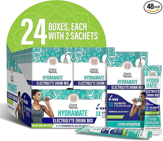 GuruNanda Hydramate Hydration Support Drink Mix - Electrolyte Powder Packets for Dehydration, Exercise & Energy - No Added Sweeteners, Non-GMO, Natural Lemon Lime Flavor - 48 Count (0.56 oz each)
