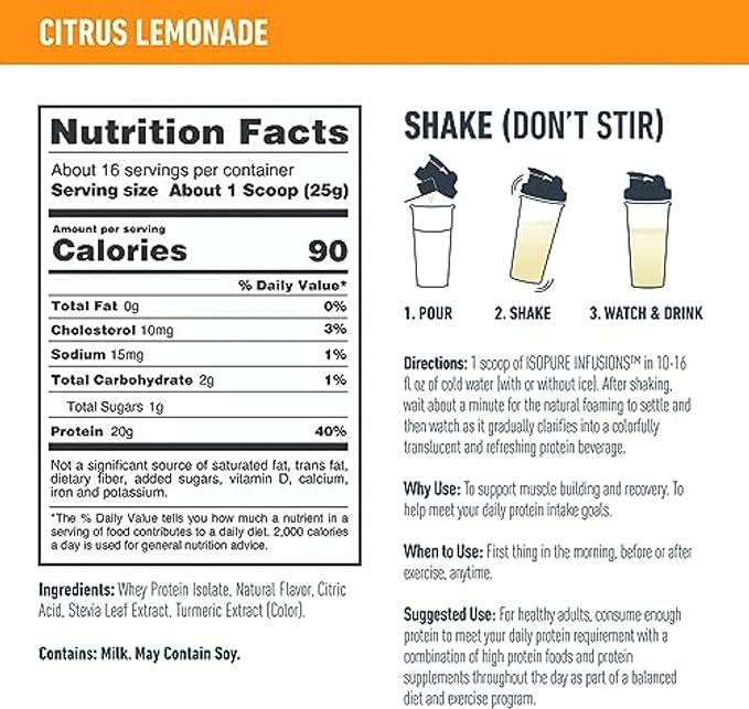 Isopure Protein Powder, Clear Whey Isolate Protein, Post Workout Recovery Drink Mix, Gluten Free with Zero Added Sugar, Infusions- Citrus Lemonade, 16 Servings, 0.88 pounds