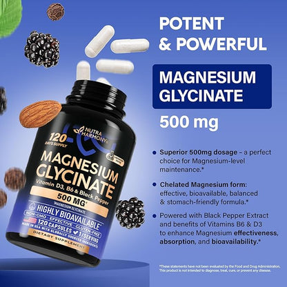 Magnesium Glycinate 500 mg - Chelated Supplement - with Vitamin B6 & D3 - High Absorption 98% - Support for Sleep, Muscle & Heart Health - Made in USA, Lab Tested & Non-GMO - 120 Capsules