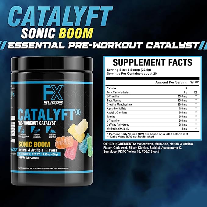 Catalyft Pre-Workout Powder Drink for Men and Women, Sonic Boom | Mix with Creatine, Caffeine & Beta-Alanine | Best for Energy Pump, Muscle Gain and Focus, 20 Servings (1-Pack)