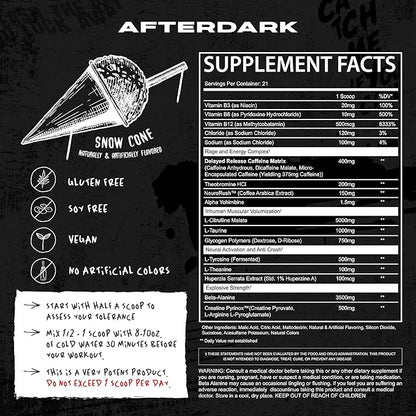 AFTERDARK INHUMAN Pre-Workout Powder, Enhanced Mind-Muscle Connection, Sustained Energy, Potent Nootropic Blend, Vegan, Gluten-Free, Soy-Free, 400mg Caffeine, No Crash, SnowCone