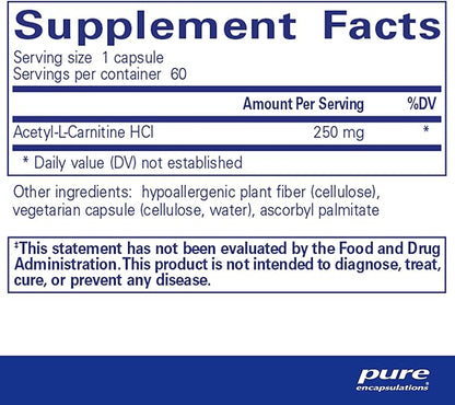 Pure Encapsulations Acetyl-L-Carnitine 250 mg - Memory & Brain Supplement - Brain Support & Focus* - Gluten Free & Non-GMO - 60 Capsules