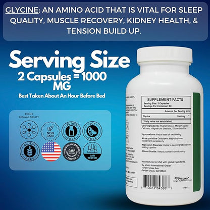 PRISTINE'S Glycine (3 Pack) 1000MG Amino Acid Sleep Support Supplement Capsules - 180 Day Supply - Muscle Recovery, Collagen & Kidney Support Supplement - Vegan, Non GMO, Gluten Free