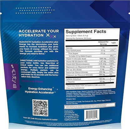 NatureWorks HydroMATE Electrolytes Powder Drink Mix Packets Hydration Accelerator Low Sugar Rapid Party Relief Recovery Vitamin C Plus Grape Pack 30 Count
