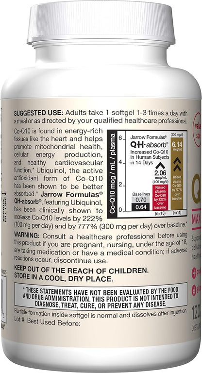 Jarrow Formulas QH-Absorb, 100 mg, Ubiquinol Dietary Supplement for Healthy Cardiovascular Function, 120 Softgels, 120 Day Supply