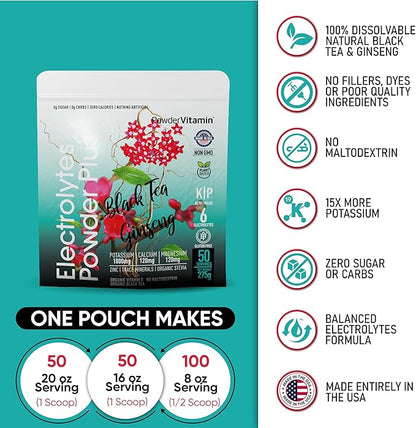 Electrolytes Powder Plus (50 Servings) Black Tea Ginseng Electrolyte Powder Keto, Sugar Free, Pink Himalayan Salt,1000mg Potassium,120mg Calcium,120mg Magnesium, Hydration Powder