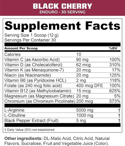 MTN OPS Enduro Nitric Oxide Supplement & Stim-Free Pre Workout - 30 Servings - with Magnesium Citrate, Beet Root Powder, Niacinamide, L Arginine & L Citrulline - Black Cherry Flavor