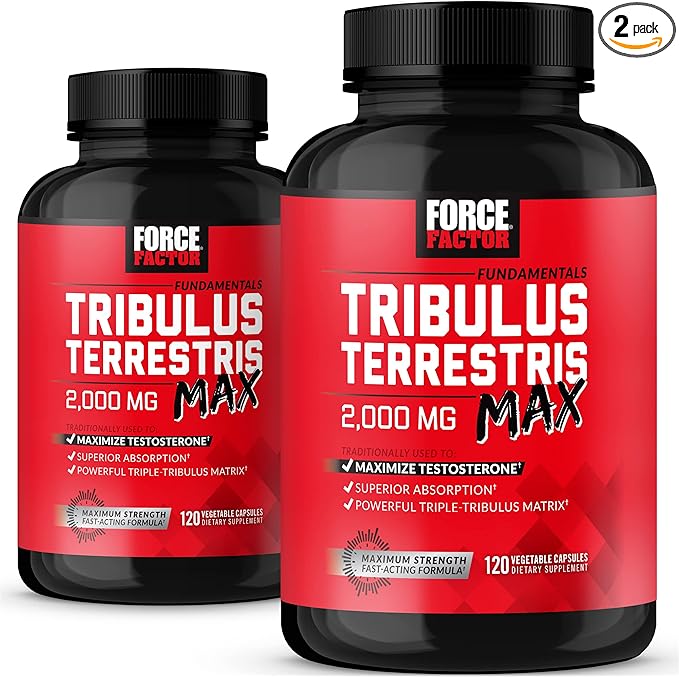 FORCE FACTOR Tribulus Terrestris Max for Men 2-Pack, Testosterone Booster, Male Vitality Supplement, Made with Key Natural Ingredients Superior Absorption, 2000mg, 240 Capsules, Red