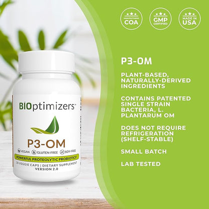BiOptimizers P3-OM Proteolytic Prebiotics & Probiotics Supplement – Lactobacillus Plantarum for Digestive & Immune Health – Bloating & Gut Relief Support for Men & Women (30 Vegan Capsules)