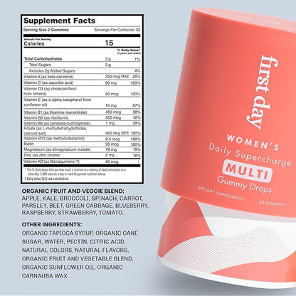 FIRST DAY Women’s Daily Supercharge Multivitamin Gummies – Vitamins A, B1, B6, B12, C, D3, E & K + Magnesium, Zinc, Biotin – Made w/Organic Fruits & Veggies, Only 2g Sugar – 2-Pk, 60 Day Supply