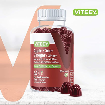 Apple Cider Vinegar Gummies 1,000mg Plus Ginger, ACV with The Mother, Detox Cleanse for Weight Loss and Immune Support, Vegan, Gluten Free, Gelatin Free, GMO Free - Chewable Apple Flavored Gummy